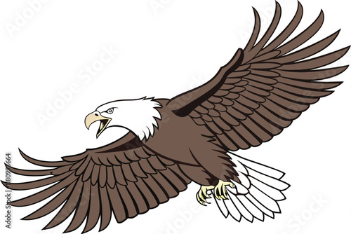 Majestic bald eagle, spread wings, detailed feathers, sharp beak, fierce expression, white head, brown body, powerful talons, realistic rendering, wildlife illustration, nature art, high detail, drama