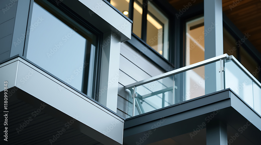 Modern Building Exterior with Glass Balcony Railing Modern Building Exterior with Glass Balcony Railing