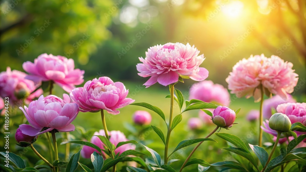 Delicate pink peonies blooming in a lush green meadow with soft sunlight filtering through the trees, flowers Delicate pink peonies blooming in a lush green meadow with soft sunlight filtering through the trees, flowers