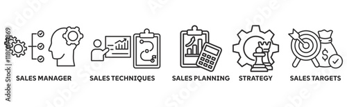 Sales Management icon set illustration concept with icon of sales manageer, sales techniques, sales planning, strategy, sales targets