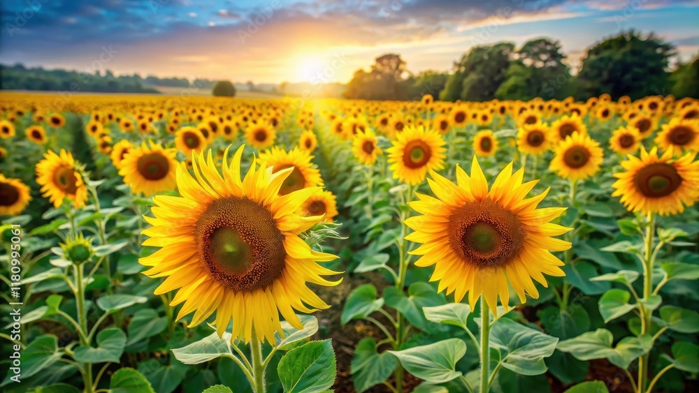 Obraz premium Field of blooming sunflowers in a green meadow, field, meadow, field, meadow, wheat, flowers