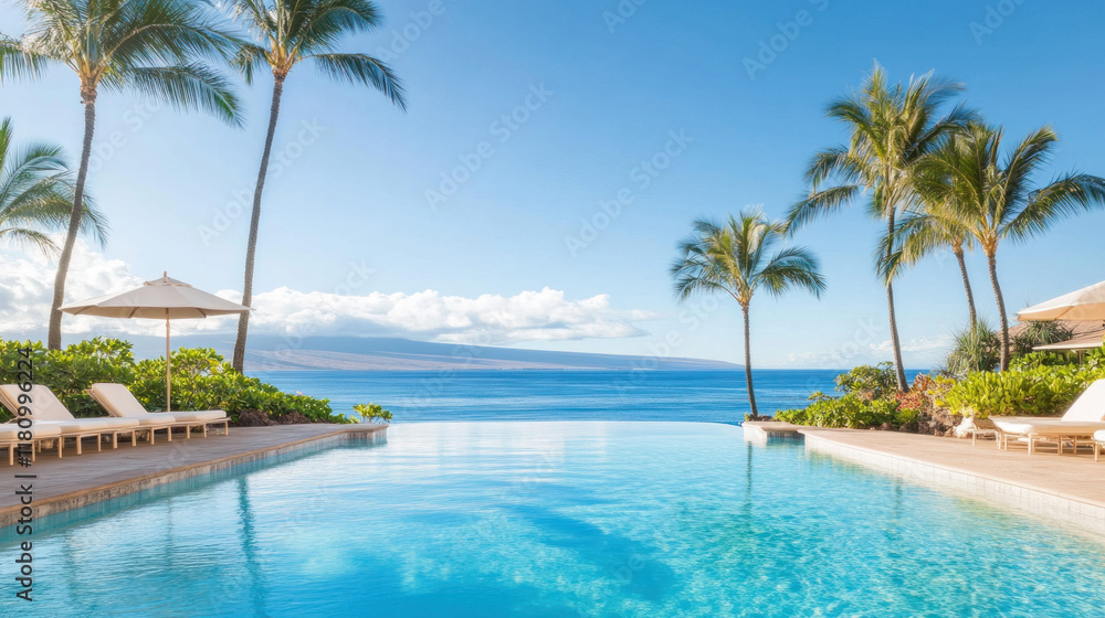 serene tropical pool scene with palm trees and ocean view. Relaxation awaits serene tropical pool scene with palm trees and ocean view. Relaxation awaits