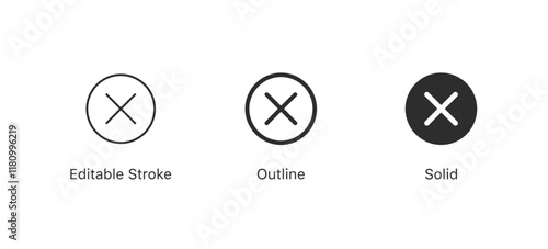 Close icon set. Delete icon. remove icon. error icon. cross sign. x icon button . line outline icons, flat style. EDITABLE STROKE