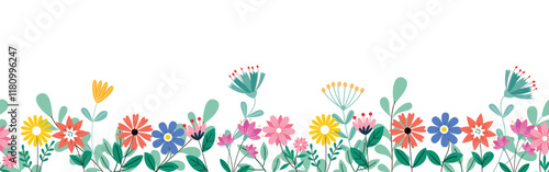 Flowers seamless clipart banner background. Spring flower clip art in endless and continuous pattern for wallpaper, greeting and invitation card design. Vector illustration seamless flowers banner.   