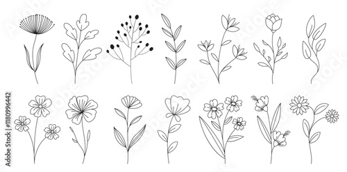 Flowers outline drawing clipart set. Spring flower in black and white hand drawn lines flat clip art elements decoration. Vector illustration floral outline collection.  
