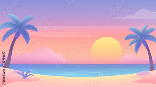 serene beach scene with palm trees, soft waves, and colorful sunset