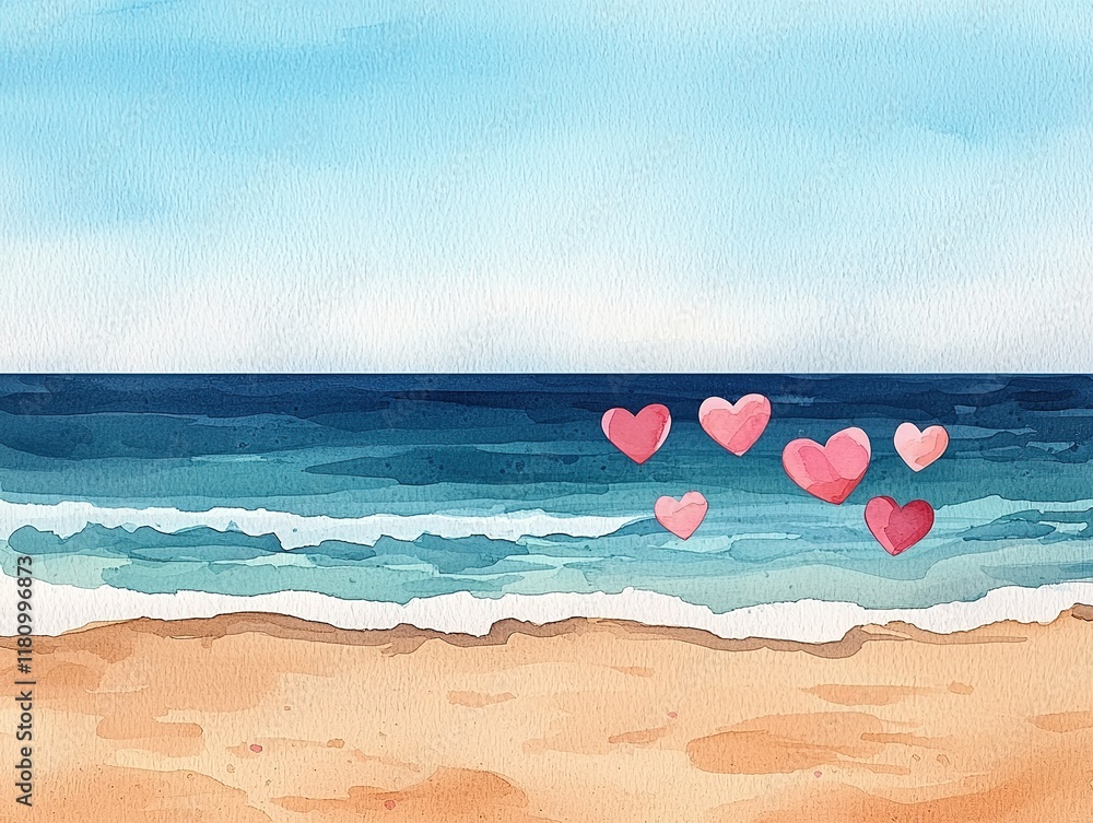 A serene beach scene featuring gentle waves and floating pink hearts, blending nature's beauty with a touch of romance. A serene beach scene featuring gentle waves and floating pink hearts, blending nature's beauty with a touch of romance.