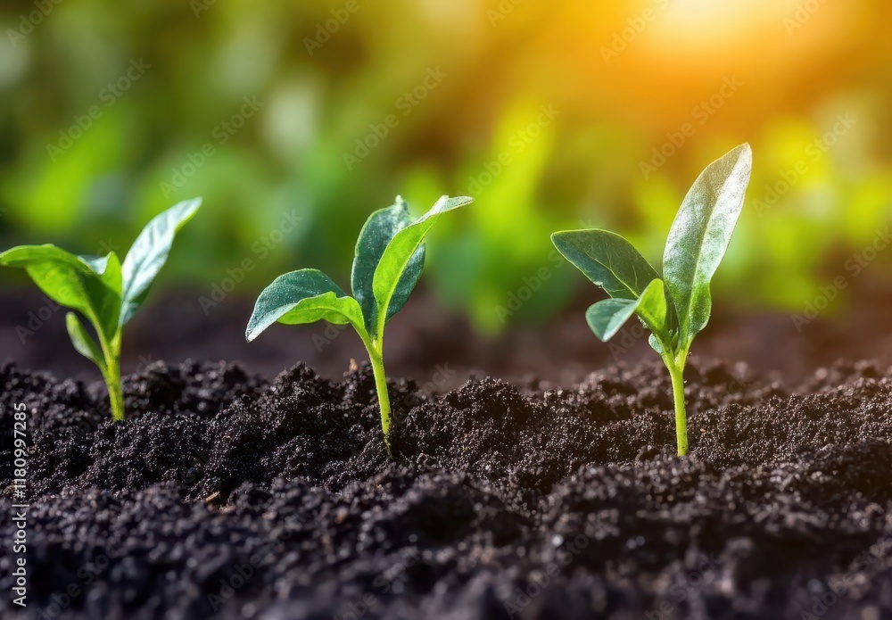 Fototapeta premium Fresh Green Sprouts Growing from Rich Dark Soil in Sunlit Garden, Symbolizing New Growth, Hope, and the Beauty of Nature's Lifecycle