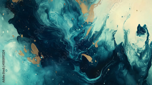 Wallpaper Mural Teal Gold White Abstract Swirl Paint Texture Background, Ai generated images Torontodigital.ca