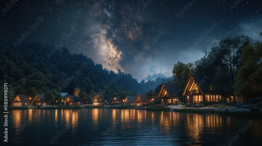 Night lake cabins Milky Way reflection serenity Night lake cabins Milky Way reflection serenity