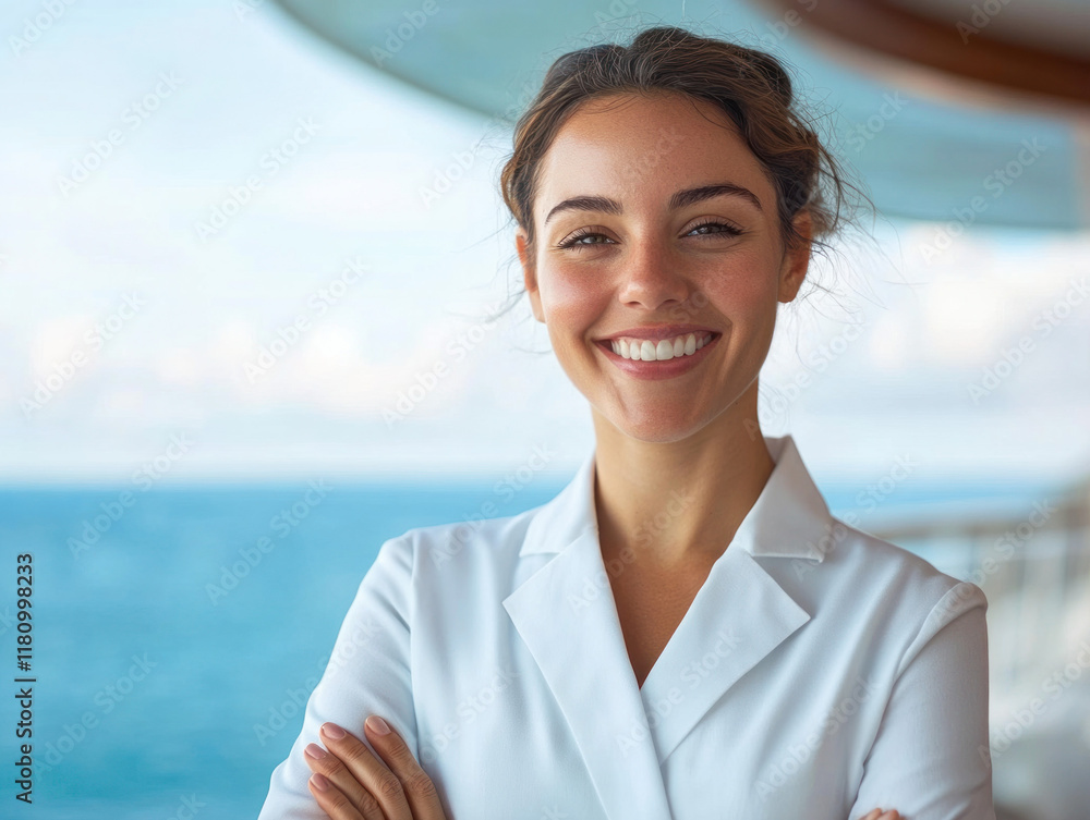 Smiling woman in white coat with ocean background, exuding confidence and warmth