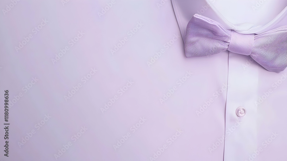 Lavender bow tie on shirt, close-up, minimalist background, ideal for fashion or wedding invitations. Lavender bow tie on shirt, close-up, minimalist background, ideal for fashion or wedding invitations.