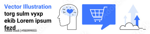 Brain with heart, speech bubble with shopping cart, upward arrows. Ideal for business growth, marketing strategies, e-commerce solutions, digital health, mental wellness, efficiency, innovation