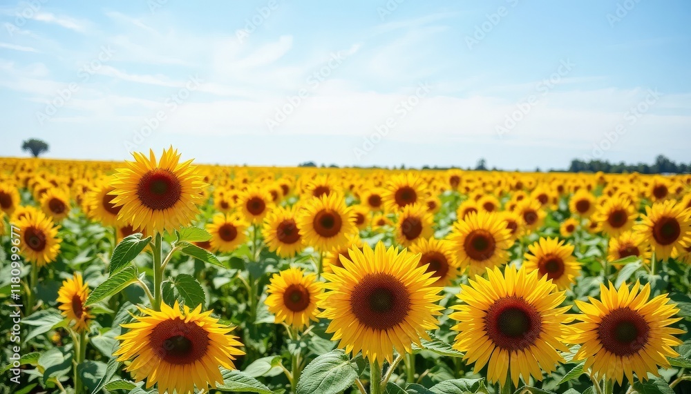 Fototapeta premium Vibrant Sunflowers in a Sunny Field Against a Clear Sky