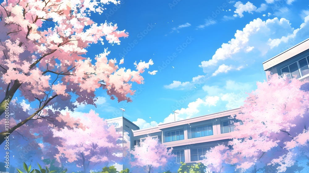Anime school background with cherry blossoms