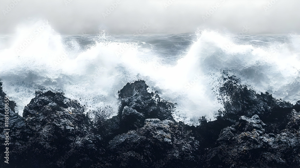 Obraz premium Ocean Wave Crashing on Rocks Realistic Image