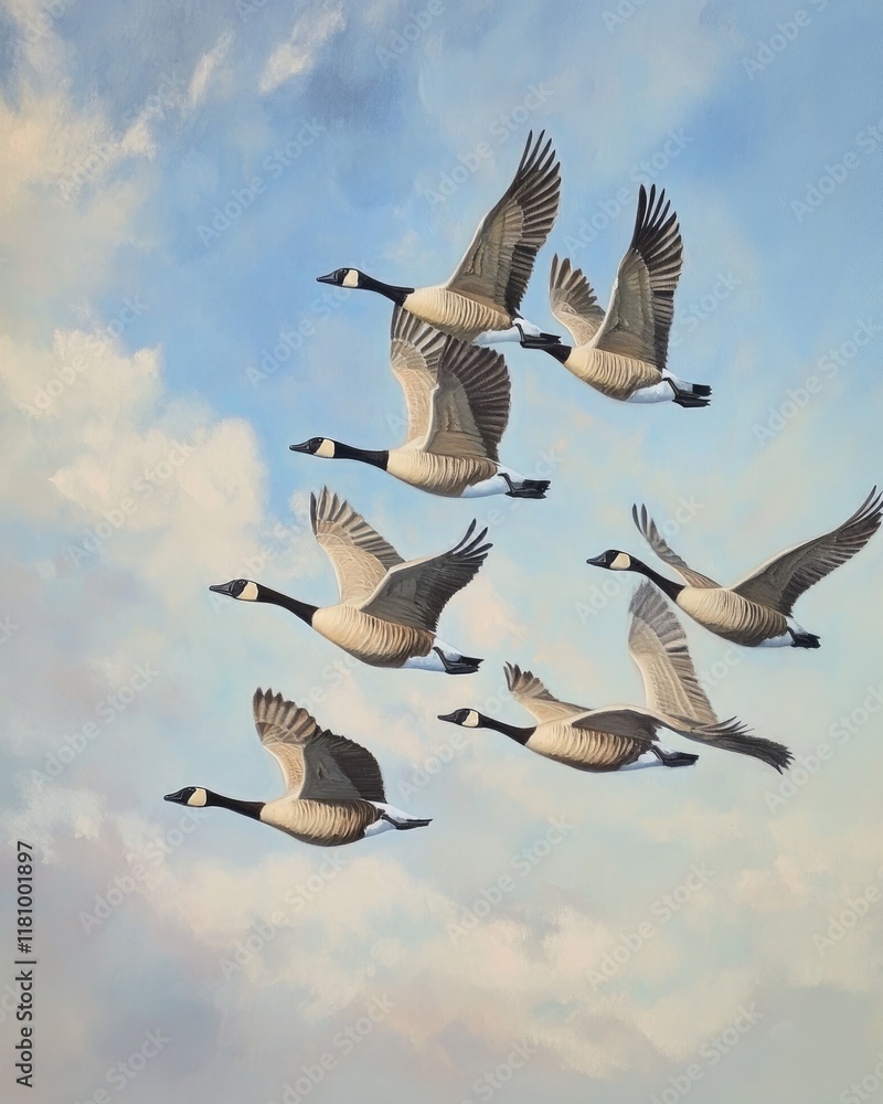 Fototapeta premium Flocking Geese Soaring Through the Open Sky: A Majestic Display of Nature's Wildlife in Motion