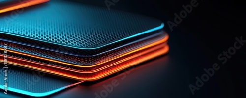 Wallpaper Mural Layer abstract background idea. Futuristic layered panels with glowing neon edges on a dark background. Torontodigital.ca