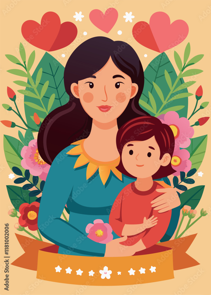 Mothers Day card set. Trendy posters or covers with flowers, abstract floral patterns and mother with child illustration in mid century modern art style. Spring summer bright abstract templates Mothers Day card set. Trendy posters or covers with flowers, abstract floral patterns and mother with child illustration in mid century modern art style. Spring summer bright abstract templates