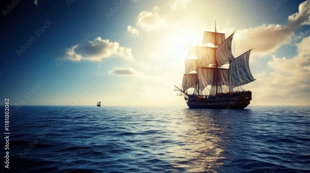 A majestic sailing ship glides across the ocean under a bright sky. A majestic sailing ship glides across the ocean under a bright sky.