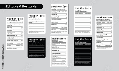Set of Editable and Resizable Nutrition Facts, Supplement Facts Label Design Calories, Cholesterol, and Fats in Grams & Percentages Template