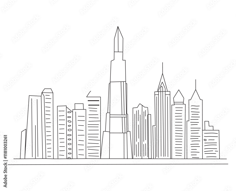 Obraz premium skyline line art drawing style. Cityscape of Chicago with silhouettes of most famous buildings and towers. design isolated on white background. Vector illustration. 