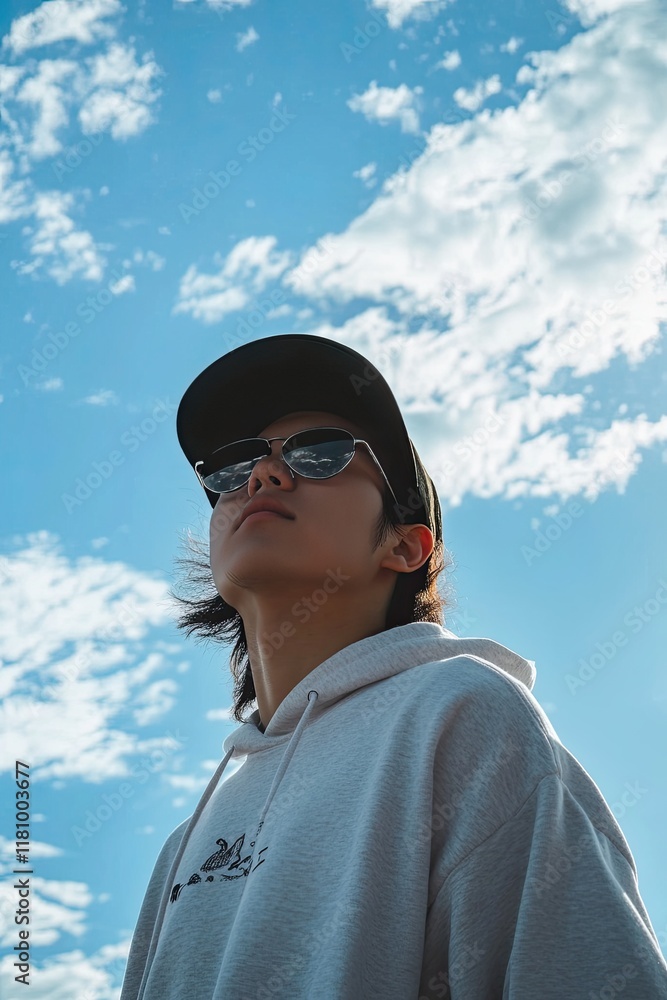 Young person in sunglasses and cap under bright blue sky with clouds Young person in sunglasses and cap under bright blue sky with clouds