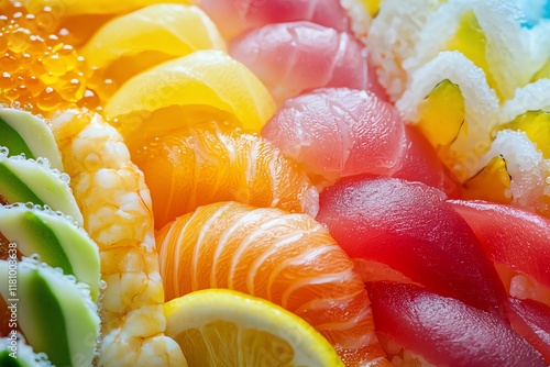 Ultra-close photography of fresh sushi roll cross-section, vibrant ingredients, razor-sharp details photo