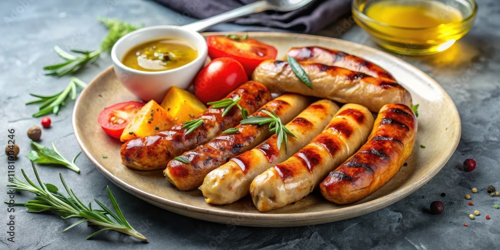 Juicy grilled chicken sausages on a plate with a side of roasted vegetables and a drizzle of olive oil, grilled sausage, vegetarian option Juicy grilled chicken sausages on a plate with a side of roasted vegetables and a drizzle of olive oil, grilled sausage, vegetarian option