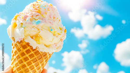 Ice cream cones hold by people hand, on clear blue background photo