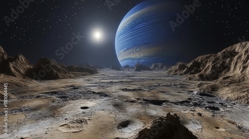 Alien planet surface reveals a colossal gas giant looming over a desolate rocky landscape under a distant sun. photo