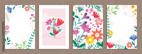 Flower greetings card clipart background set. Spring flowers drawing clip art in watercolor flat elements for wallpaper and invitation card collection. Vector illustration floral poster set. 
