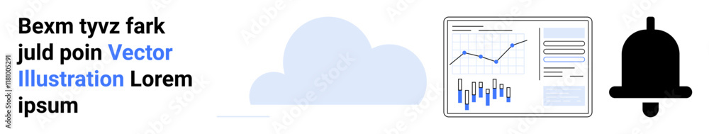 Cloud icon, analytics chart with graphs and data, notification bell symbol. Ideal for cloud computing platforms, data analytics, online notifications, business intelligence, IT, user alerts, digital Cloud icon, analytics chart with graphs and data, notification bell symbol. Ideal for cloud computing platforms, data analytics, online notifications, business intelligence, IT, user alerts, digital