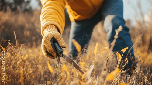 A person in a yellow jacket uses a knife to tend to plants in a field. photo