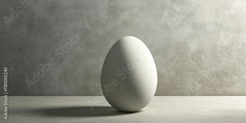 A large speckled white egg rests on a grey floor