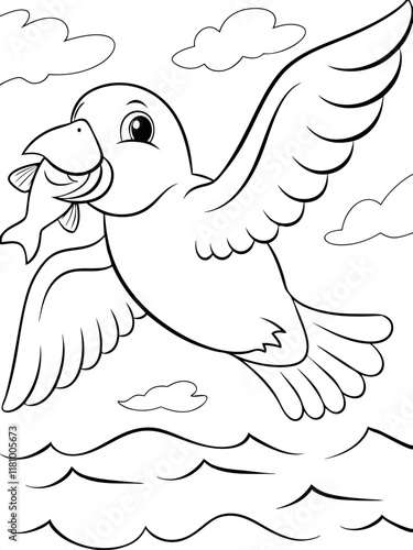 Happy Bird Flying with Fish, Ocean, Sky, Clouds Ready-to-print coloring page on standard 8.5x11 inch paper