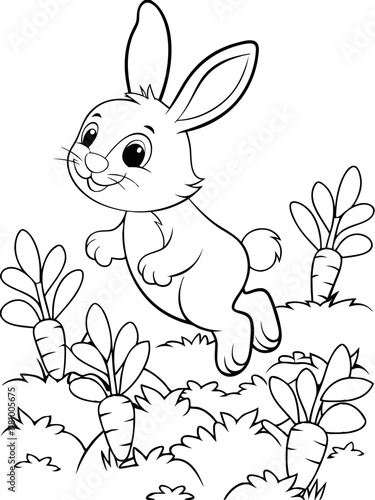 Adorable Bunny Rabbit Hopping Amidst Fresh Carrots Coloring Page Ready-to-print coloring page on standard 8.5x11 inch paper