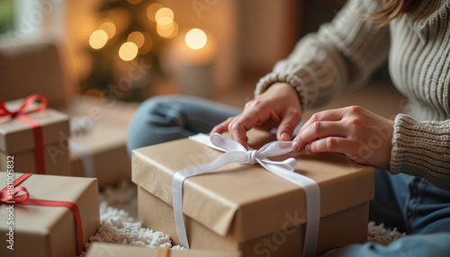 Person wrapping gift box at home during holiday season