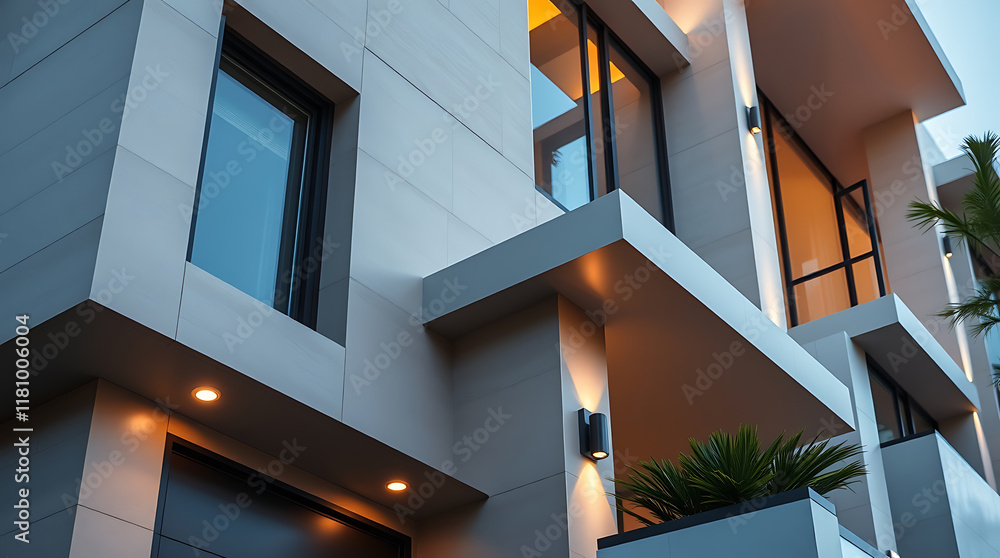Fototapeta premium Modern Multi-Story Building Exterior with Lighting Details