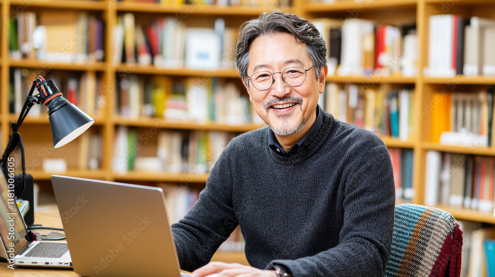 Smiling Professor in Library Study. A friendly, mature Asian man smiles warmly while working on his laptop in a well-lit library setting. He exudes intelligence and approachability. Smiling Professor in Library Study. A friendly, mature Asian man smiles warmly while working on his laptop in a well-lit library setting. He exudes intelligence and approachability.