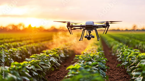 Drone Spraying Crops at Sunset: A drone flies over a field of crops at sunset, spraying them with a fine mist. The drone is flying low to the ground. photo