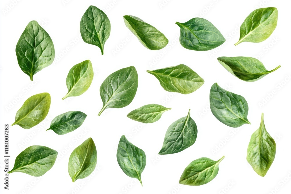 Fototapeta premium Vibrant Spinach Leaves: Fresh and Edible Herb Isolated from Above