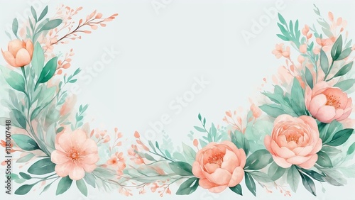 Soft peach and mint floral watercolor with blooming branches