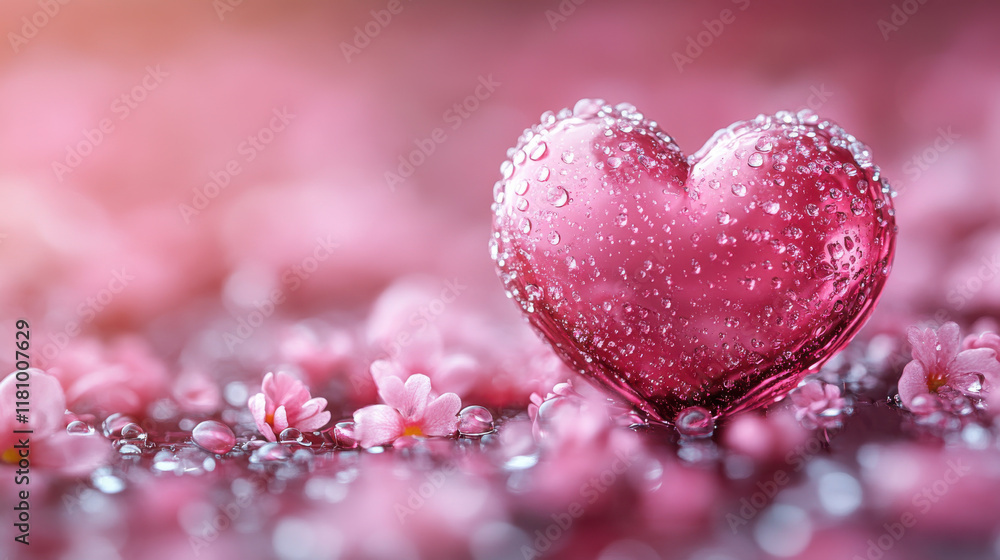 Fototapeta premium pink heart with water droplets surrounded by pink flowers creates romantic atmosphere. This evokes feelings of love and tenderness, perfect for expressing affection
