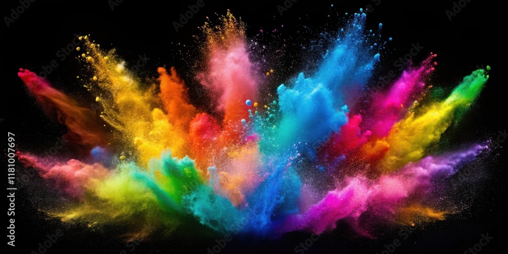 Vibrant colored powders exploding in mid-air amidst a dark and sleek black background, creating a mesmerizing display of color and motion , dynamic movement, air burst Vibrant colored powders exploding in mid-air amidst a dark and sleek black background, creating a mesmerizing display of color and motion , dynamic movement, air burst