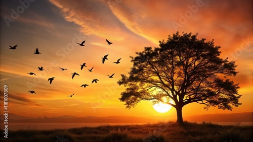 Elegant tree silhouette with birds flying against a warm sunset background, winged creatures, serene landscape