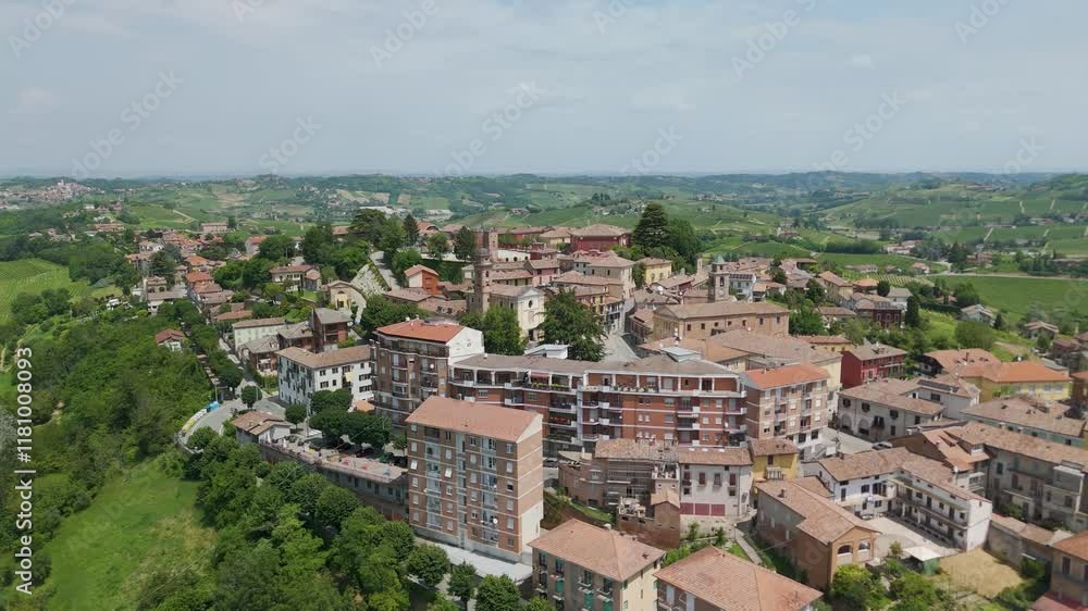 Agliano Terme, Asti, Piedmont, Italy. 4k aerial view of the town. Langhe-Roero and Monferrato. Circling to the leftt. Agliano Terme, Asti, Piedmont, Italy. 4k aerial view of the town. Langhe-Roero and Monferrato. Circling to the leftt.