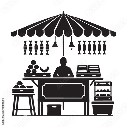 Outdoor market stall fresh produce vendor stand silhouette design