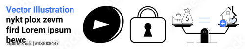 Play button, padlock, and scales weighing money and house with a plus sign. Ideal for business concepts, security, finance, investment, value comparison online services multimedia. Landing page