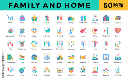 Family and Home icons set with family, home, house, parents, children, siblings, grandparents, relatives, household, residence icon. Simple flat color vector 
